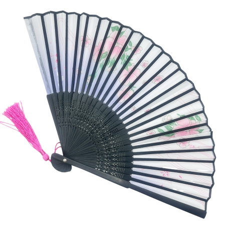 Evantai din Bambus si Textil BLACK OSAKA cu Flori Roz [1]