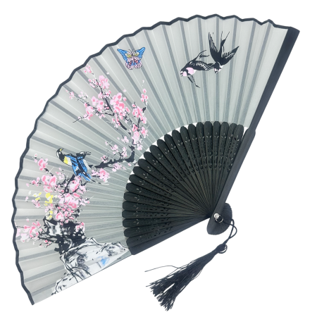 Evantaie & Umbrele De Soare - Evantai din Bambus si Textil BLACK OSAKA cu Flori Roz