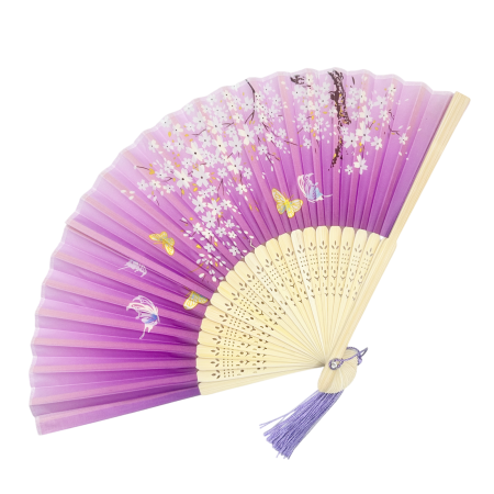Evantaie & Umbrele De Soare - Evantai Mov din Bambus si Textil KYOTO cu Flori
