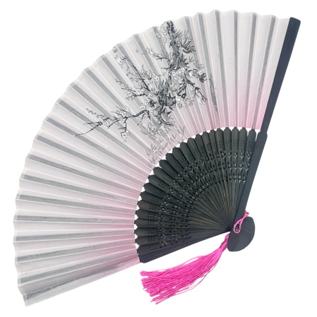 Evantai Roz din Bambus si Textil BLACK KYOTO cu Flori [1]