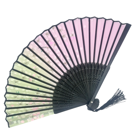 Evantai Roz-Verde din Bambus si Textil BLACK SAKURA cu Flori [1]