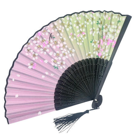 Evantaie & Umbrele De Soare - Evantai Roz-Verde din Bambus si Textil BLACK SAKURA cu Flori