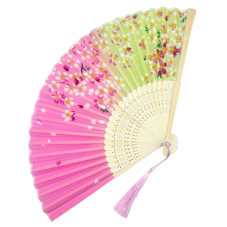Evantaie & Umbrele De Soare - Evantai Roz-Verde din Bambus si Textil SAKURA cu Flori