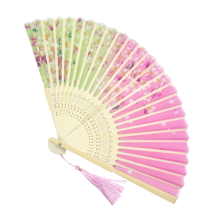 Evantai Roz-Verde din Bambus si Textil SAKURA cu Flori [2]