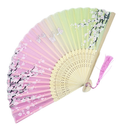 Evantaie & Umbrele De Soare - Evantai Roz-Verde din Bambus si Textil SAKURA cu Flori