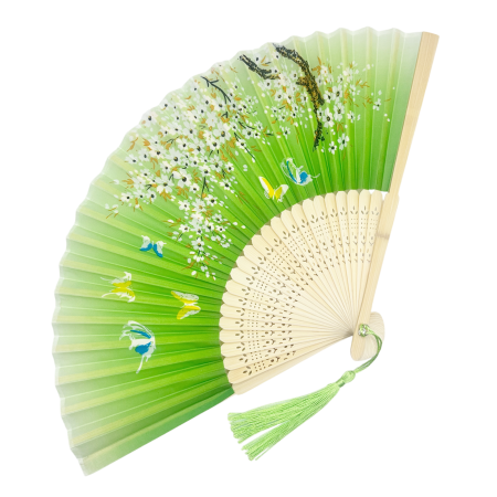 Evantaie & Umbrele De Soare - Evantai Verde din Bambus si Textil KYOTO cu Flori