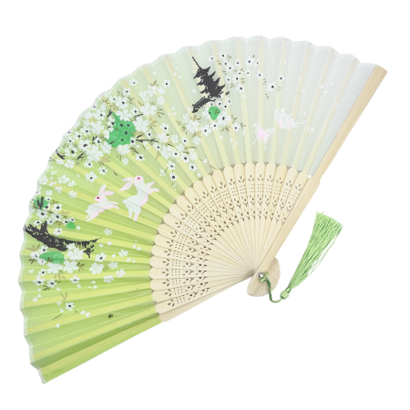 Evantaie & Umbrele De Soare - Evantai Verde din Bambus si Textil SAKURA cu Flori