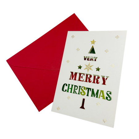 FELICITARI, CUTII SI PUNGI DE CADOU - Felicitare de Crăciun cu plic rosu si text MERRY CHRISTMAS