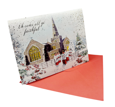 FELICITARI, CUTII SI PUNGI DE CADOU - Felicitare de Crăciun cu biserică și colindători