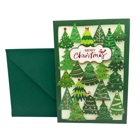 FELICITARI, CUTII SI PUNGI DE CADOU - Felicitare MERRY CHRISTMAS cu brazi verzi și plic asortat