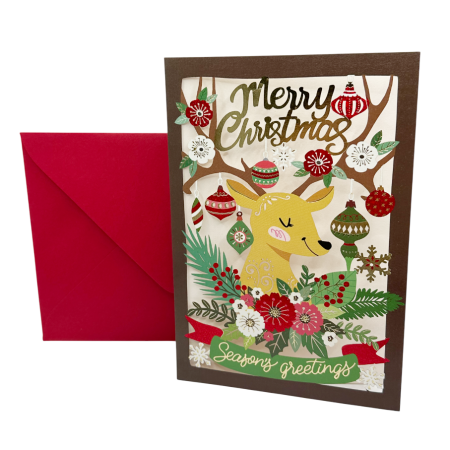 FELICITARI, CUTII SI PUNGI DE CADOU - Felicitare MERRY CHRISTMAS cu ren si flori de Craciun