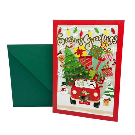 FELICITARI, CUTII SI PUNGI DE CADOU - Felicitare SEASON'S GREETINGS  cu Moș Crăciun și mașina plină de cadouri