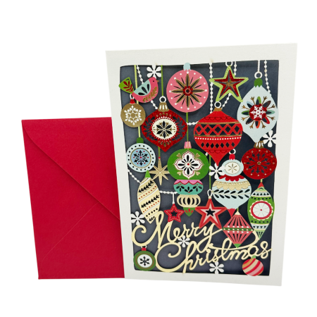 FELICITARI, CUTII SI PUNGI DE CADOU - Felicitare MERRY CHRISTMAS cu globuri festive si plic rosu