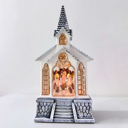 Felinar cu LED, Muzică și Efect Sclipici – Bisericuta Decorativă cu Ingeri HOLLY [1]