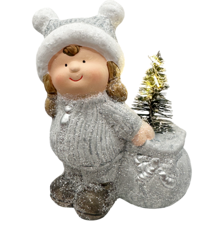 DECORATIUNI LUMINOASE - Figurină fetiță cu brăduț și led NOELLE – decorațiune de Crăciun