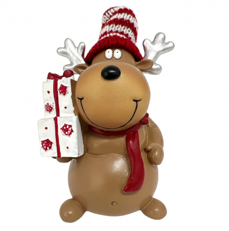 FIGURINE & PLUSURI - Figurina Craciun Ren cu caciulita si cadou CUPID, 12cm