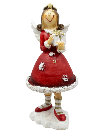 Figurine & Statuete - Figurină Îngeraș cu Rochie Roșie și Cadou – Decor Crăciun