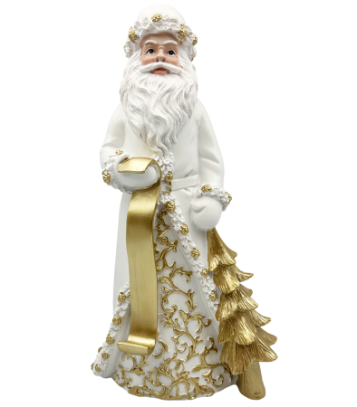 Colectia Sampanie & Crem & Ivoire - Figurină Moș Crăciun alb cu brad auriu IMPERIALE, 32cm