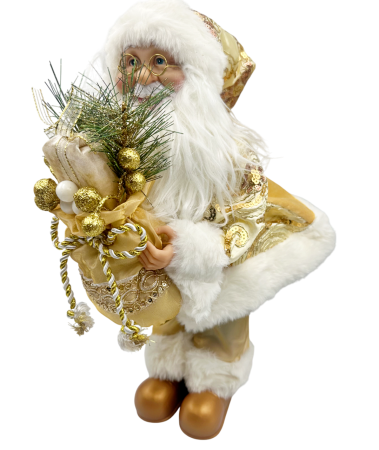 GLOBURI & FLORI DE BRAD - Mos Craciun decorativ cu sac de cadouri, PLUMPY, Auriu, 45cm
