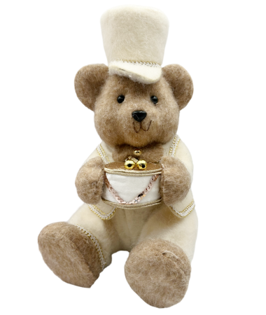 Colectia Alb & Argintiu - Figurină Ursuleț Bej cu Tobă si Joben SEASON – Decor Crăciun