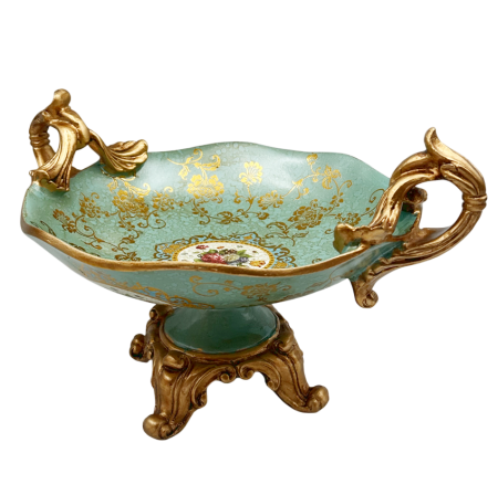 Fructiera decorativa vintage PAULETTE - Model Floral, Bleu/ Auriu, 20x35cm [1]