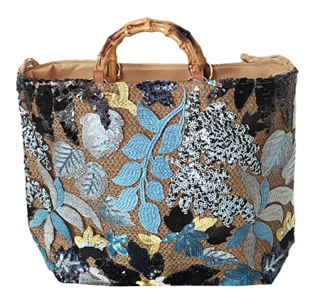 Genti De Paie - Geanta de paie FLORES, Albastru, Cu broderie si paiete