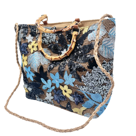 Genti De Paie - Geanta din Paie FLORES albastra cu Broderie si paiete - Geanta Eleganta