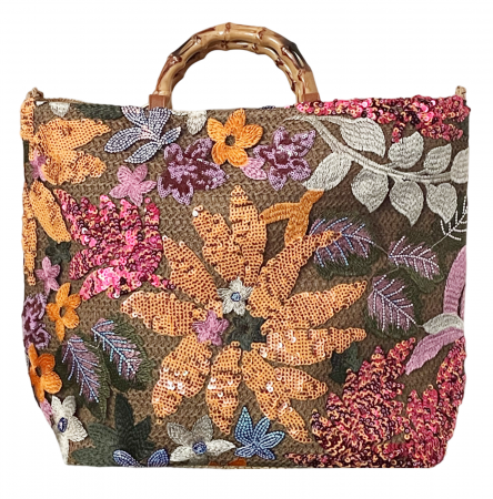 Genti De Paie - Geanta de paie FLORES, Portocaliu, Cu broderie si paiete