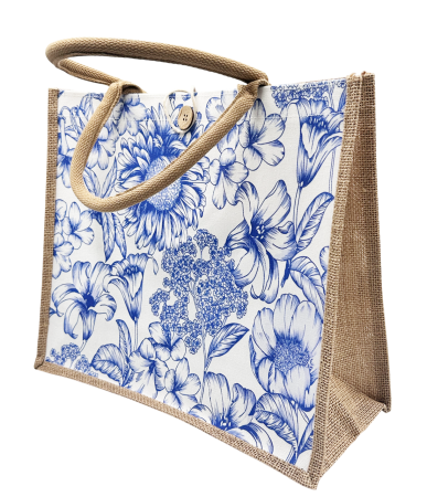 Genti & Shoppere - Geanta din iuta cu flori albastre - Tote bag SANTORINI