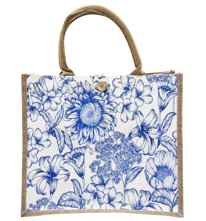 Geanta din iuta cu flori albastre - Tote bag SANTORINI [1]