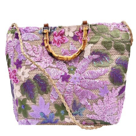 Genti De Paie - Geanta din Paie FLORES mov cu Broderie si paiete - Geanta Eleganta