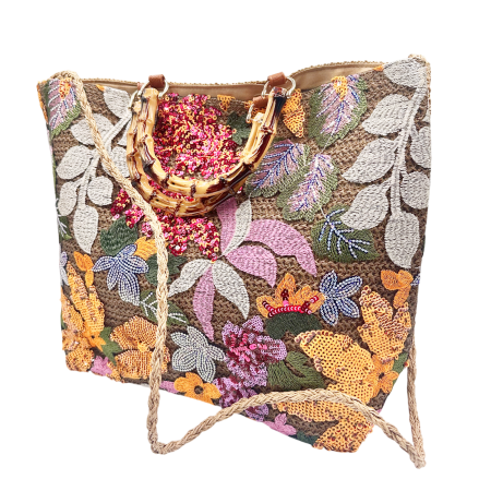 Genti De Paie - Geanta din Paie FLORES aurie cu Broderie si paiete - Geanta Eleganta