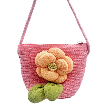 Geanta din paie FLORES pentru fetite - roz cu floare [0]