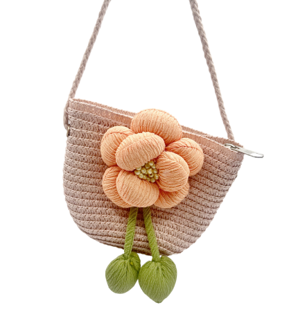Geanta din paie FLORES pentru fetite - roz pal cu floare [1]