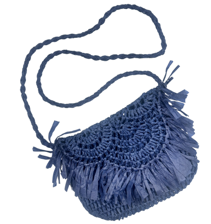 Geanta din paie albastra stil boho JOSETTE, cu franjuri decorative [0]