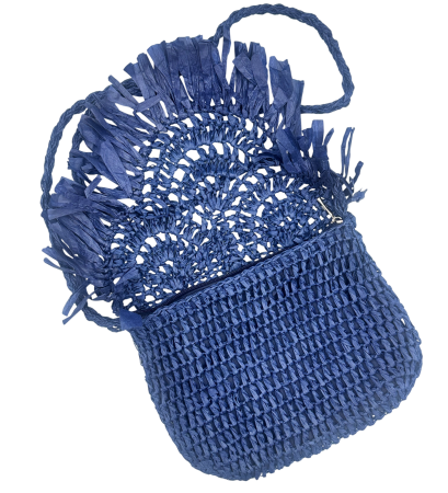 Geanta din paie albastra stil boho JOSETTE, cu franjuri decorative [1]