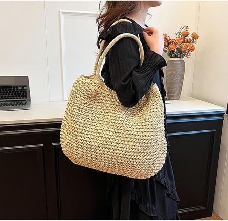 Geanta din paie SARDEGNA bej cu capsa si design boho [2]