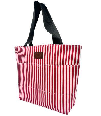 Genti & Shoppere - Geanta din panza cu dungi rosii – tote bag mare 42x32 cm