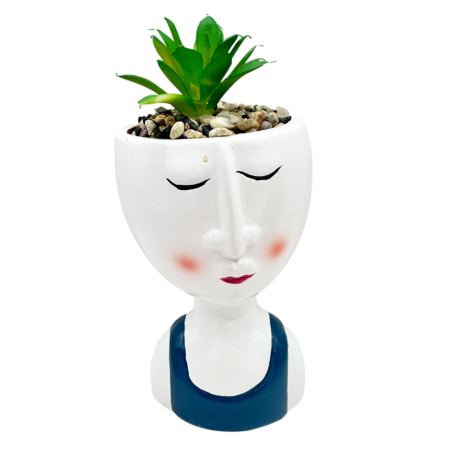 De Birou - Ghiveci decorativ tip bust albastru LETY cu planta artificiala