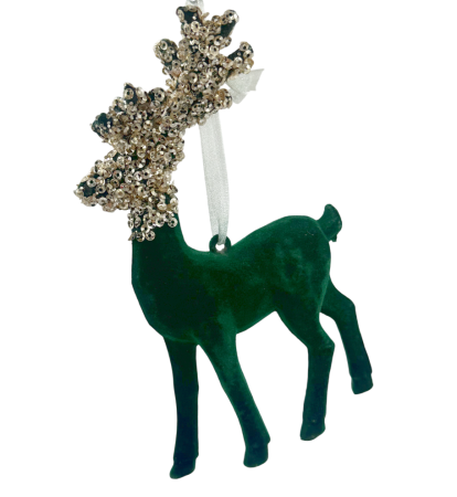 GLOBURI & FLORI DE BRAD - Ren decorativ din catifea verde cu coarne stralucitoare