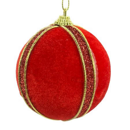 Colectia Clasic - Glob de Crăciun roșu catifelat cu dungi aurii - decor elegant și strălucitor