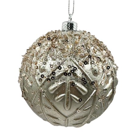 GLOBURI & FLORI DE BRAD - Glob de Crăciun sampanie cu paiete și model frunze