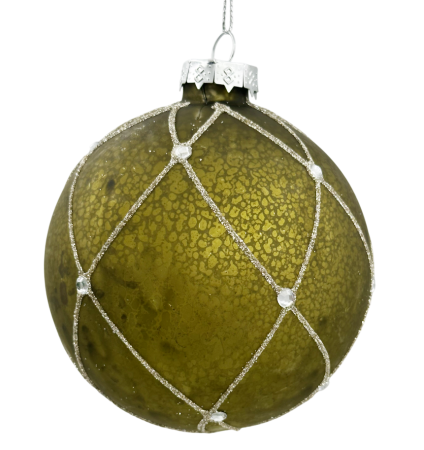 GLOBURI & FLORI DE BRAD - Glob din sticlă cu model argintiu și cristale LUXE FRITZ, Verde masliniu, 10cm