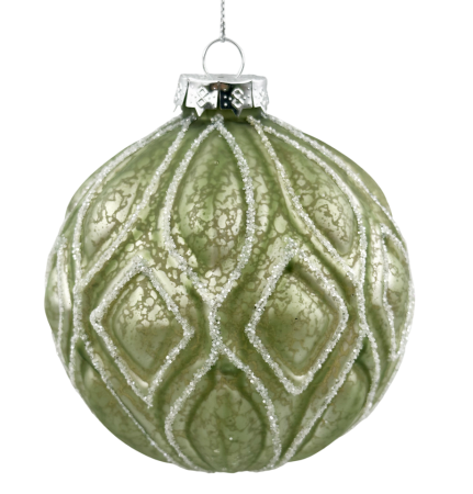 GLOBURI & FLORI DE BRAD - Glob din sticlă cu model geometric argintiu LUXE GIACOMO, Verde fistic, 10cm