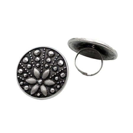 Cercei & Bratari & Inele - Inel din zamac DAISY cu simboluri florale, Reglabil, Argintiu antichizat