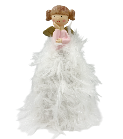 FIGURINE & PLUSURI - Îngeraș decorativ cu rochie pufoasă alba și LED-uri