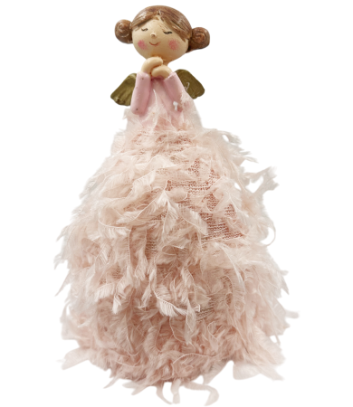 FIGURINE & PLUSURI - Îngeraș decorativ cu rochie pufoasă roz și LED-uri