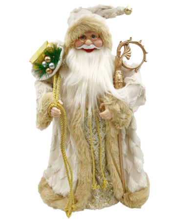 GLOBURI & FLORI DE BRAD - Moș Crăciun decorativ bej/ auriu cu toiag și sac de cadouri