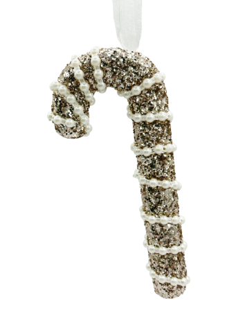 GLOBURI & FLORI DE BRAD - Ornament de Crăciun bastonaș sampanie cu perlute – decor elegant și delicat