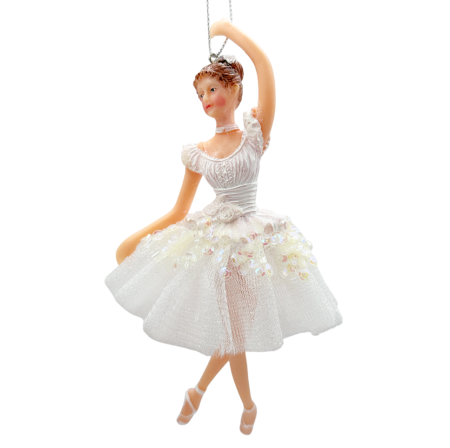GLOBURI & FLORI DE BRAD - Ornament brad Craciun Balerina JOLIE, Alb, 17cm